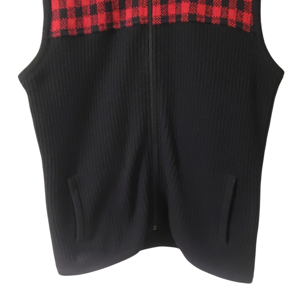 Woolrich Womens Buffalo‎ Plaid Lambswool Sweater Vest Faux Fur Hood Sz Medium